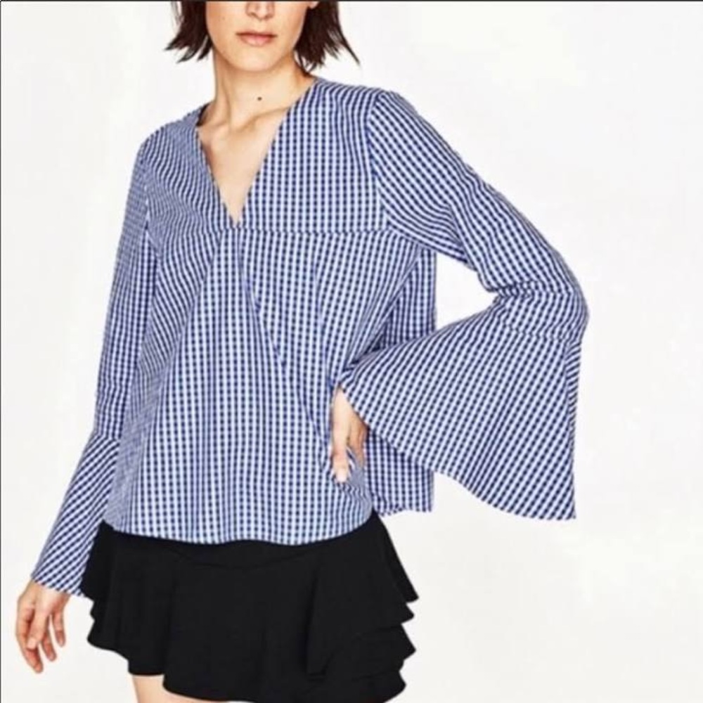 Zara Blue Gingham Shirt with Flared Sleeve Size XS - Picture 3 of 6